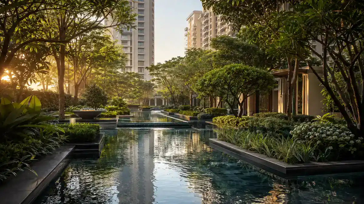 Representative landscaped gardens and water-inspired luxury living at Godrej Riverine